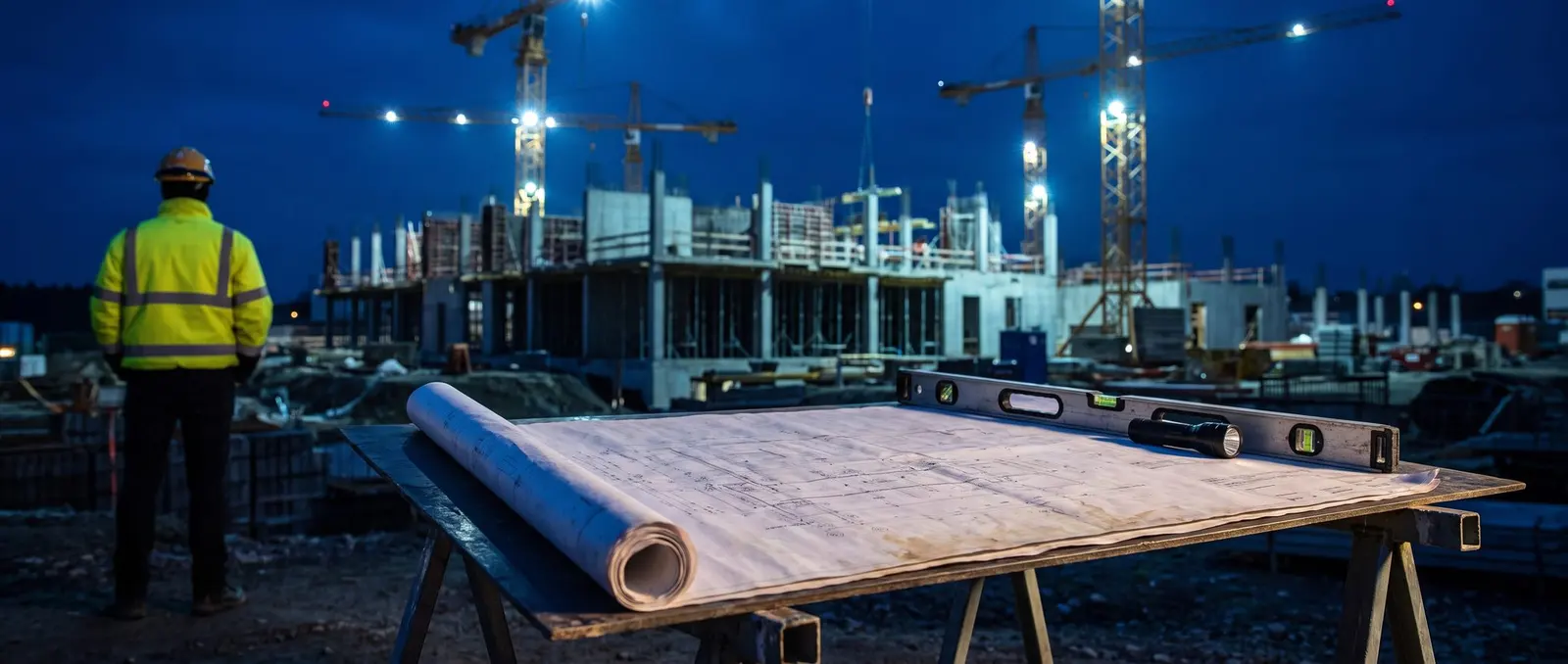 An engineering drawing on a plan table at a live construction site at dusk
