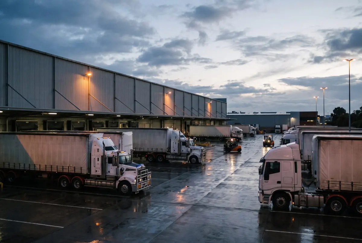 Line-haul freight trucks staged at a distribution yard at dusk